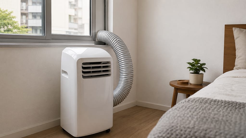 Ar-condicionado portátil com tubo de exaustão conectado a uma janela de correr com kit de vedação