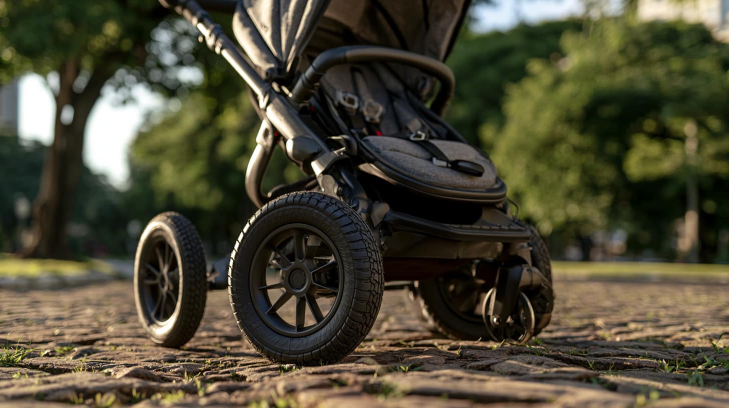 Carrinho de bebê de três rodas com pneu inflável em calçada de paralelepípedo