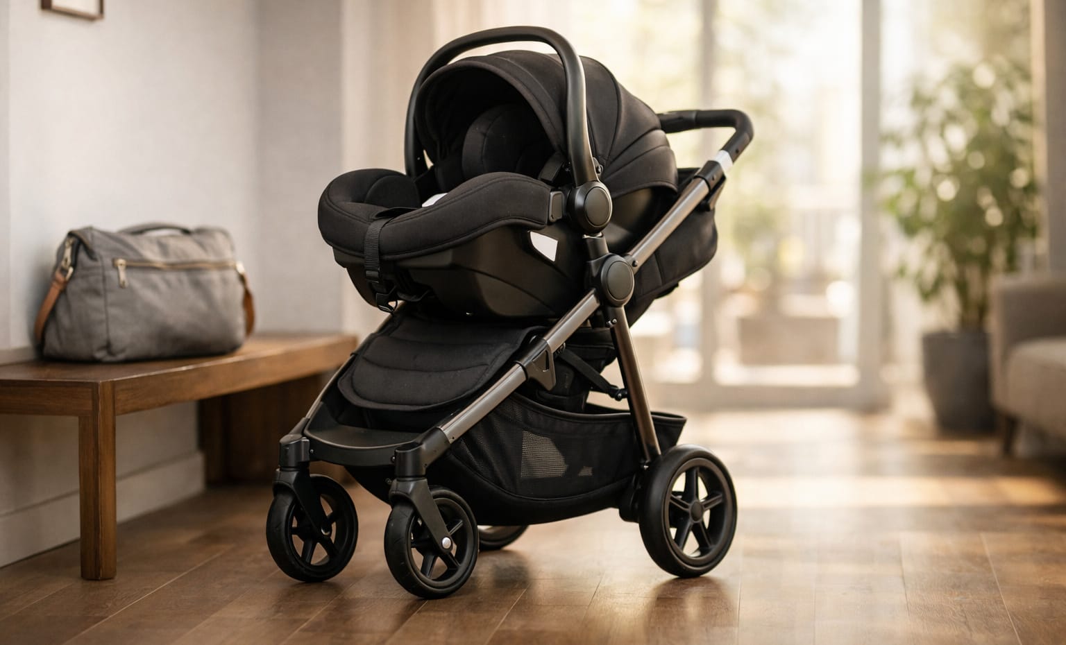 Carrinho de bebê com bebê conforto