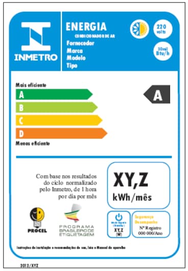 Etiqueta Nacional de Conservação de Energia (ENCE) com classificação de A a G e o Selo Procel